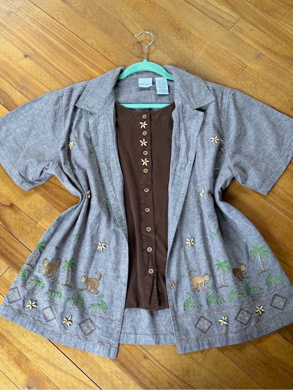 Embroidered Monkey Short-Sleeve Jacket - Gray & Brown 100%Cotton